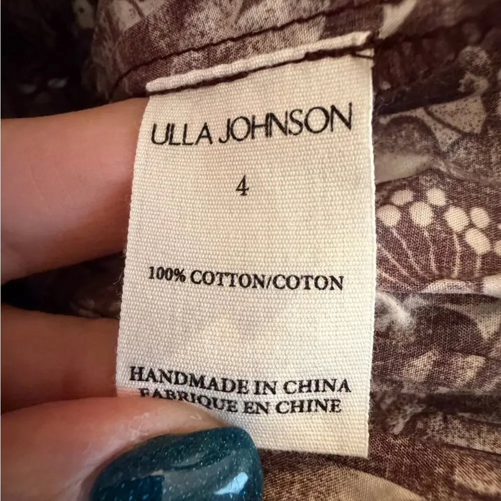 Ulla Johnson Brown Floral Cotton Peplum Blouse Puff Sleeve Boho Romantic Size 4
